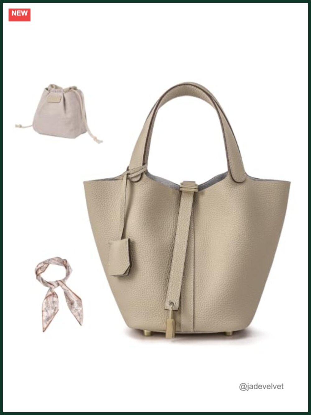 Genuine Leather Lock Design Bucket Bag Top Handle Satchel Handbag